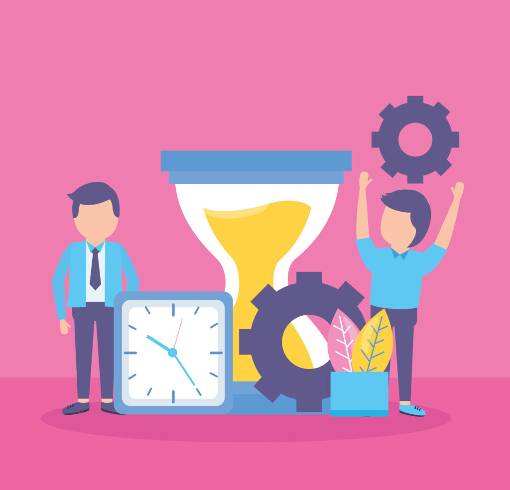 business people clock work gear time vector illustration